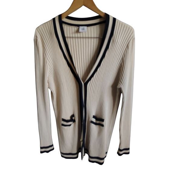 Cabi Ribbed Knit Gold buttons Cardigan Beige Navy Women's Size Large - Picture 2 of 5